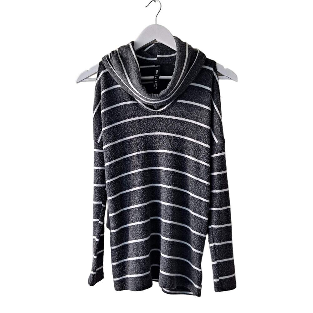 Design Lab Lord & Taylor Top Striped Cowl Neck Cold Shoulder Gray White Size XS